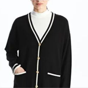 Loft M black w white the stripe button front, chic cardigan,